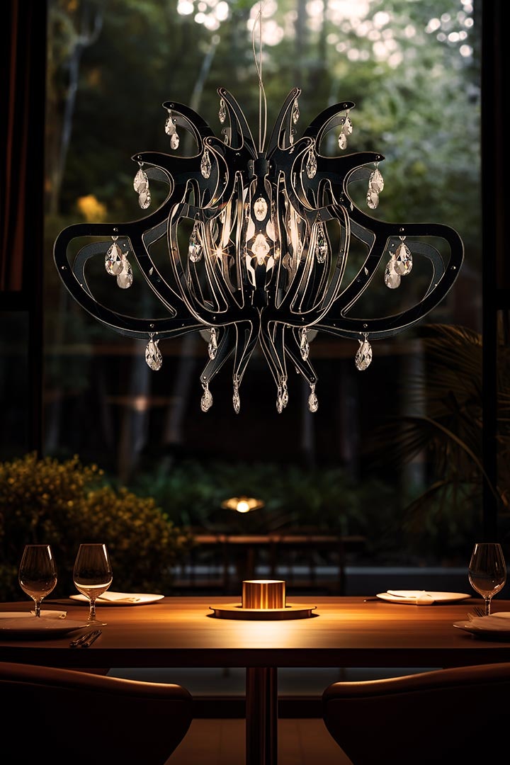 SLAMP Medusa Suspension in Black in an elegant dining interior